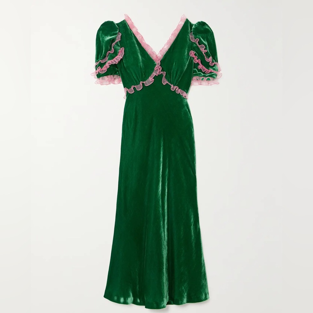 ON HOLD Saloni Anais Liquid Velvet Dress w/ Pink Ruffle Detail